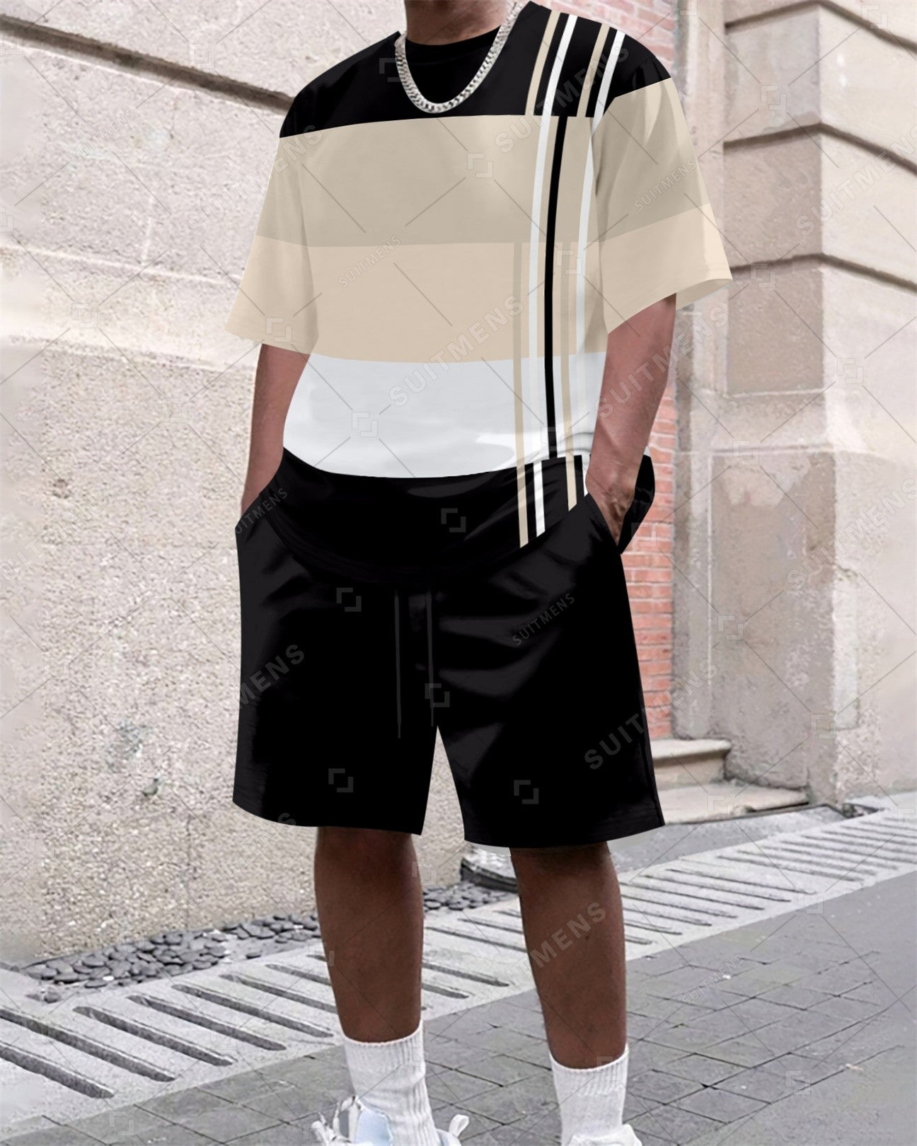 Men's Summer Colorblock Printed Round Neck Set 638