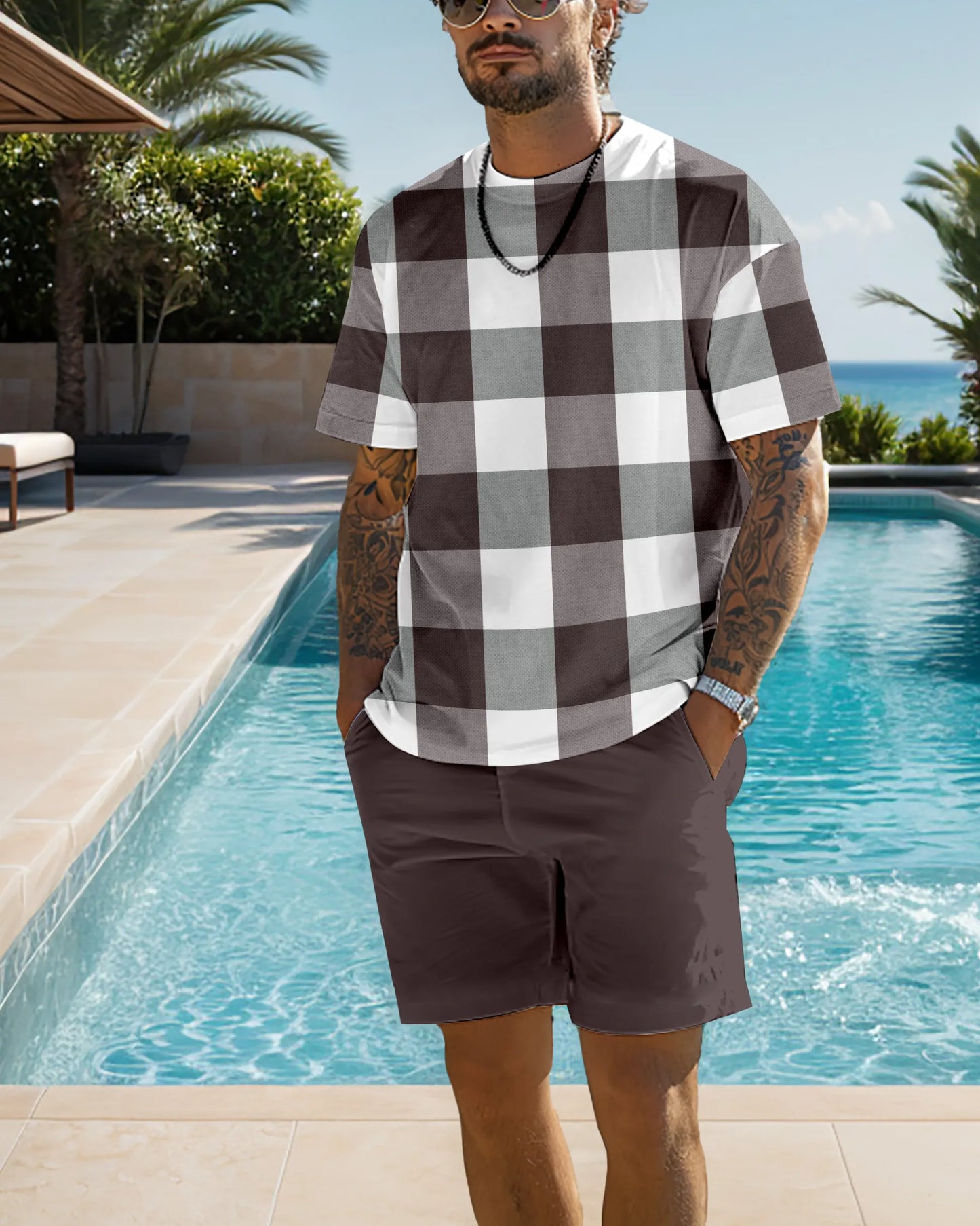 Men's casual plaid printed shorts Set 531