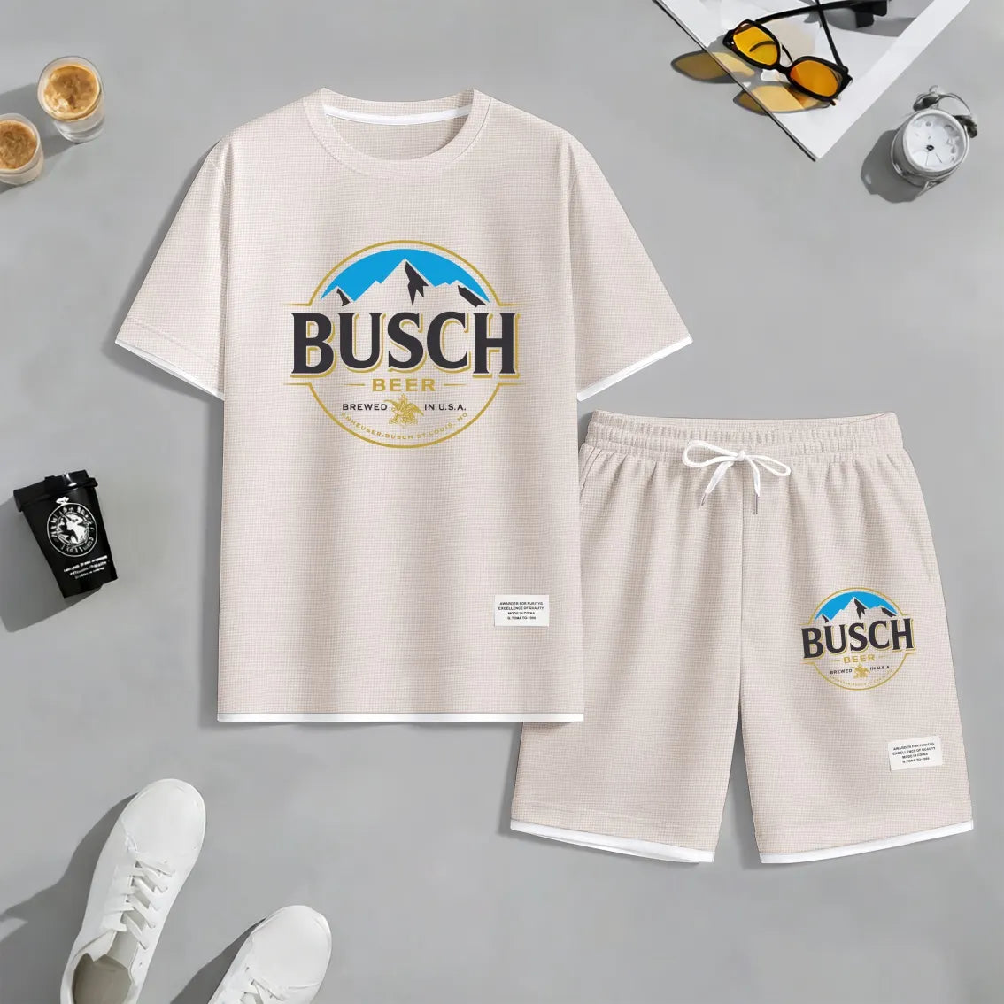 Men's Retro Draft Beer Print Waffle Fabric Short-Sleeved Shirt And Shorts Set