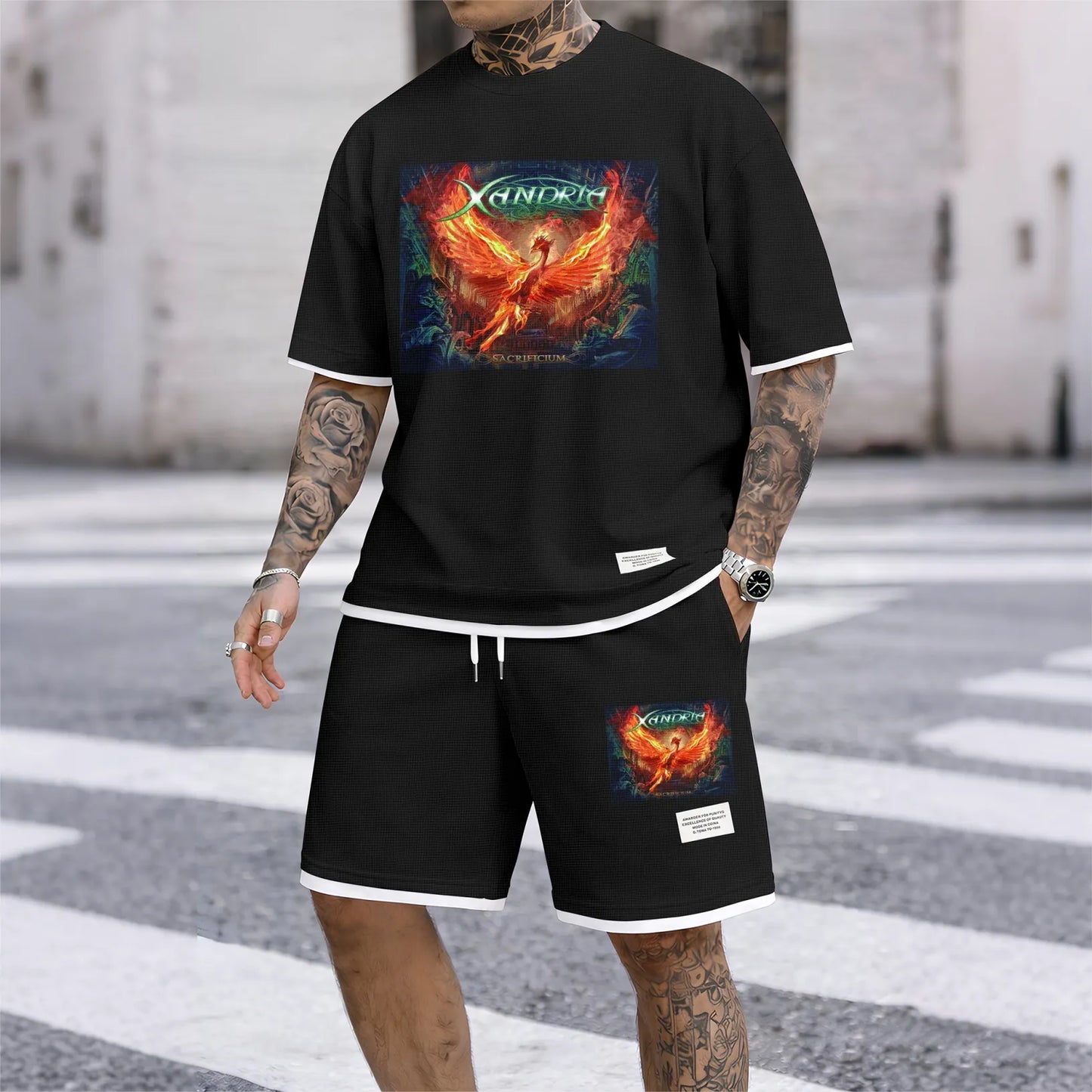 Men's Phoenix Graphic Print Short Sleeve Shirt and Drawstring Shorts Set, Casual Summer Two-Piece Outfit, Lightweight Breathable Relaxed Fit Athletic Set for Daily Wear, Beach, Vacation, Travel and Loungewear