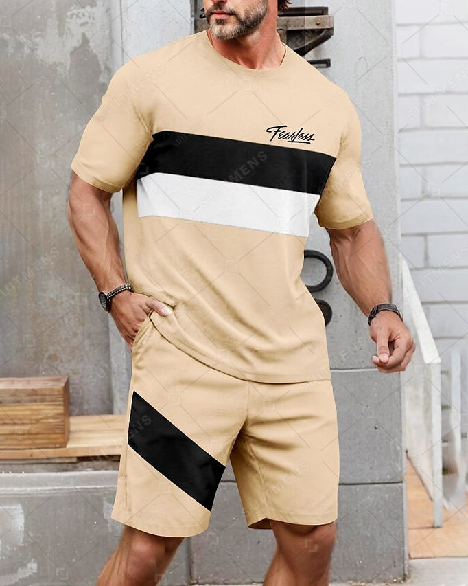 Men's Summer Color Matching Print Round Neck Set 229