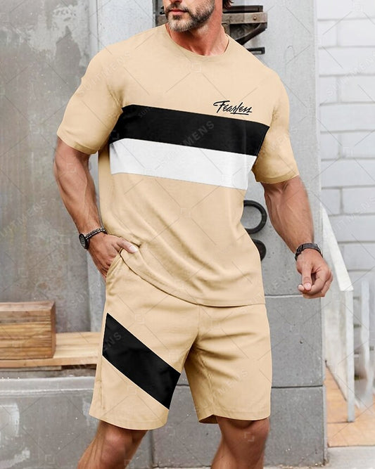 Men's Summer Color Matching Print Round Neck Set 229