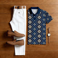 Men's Casual Navy Blue Color Matching Ethnic Style Printed Short Sleeved Polo Shirt & White Trousers Two-Piece Set