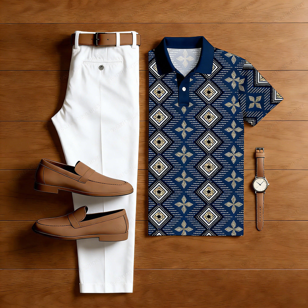 Men's Casual Navy Blue Color Matching Ethnic Style Printed Short Sleeved Polo Shirt & White Trousers Two-Piece Set