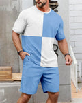 Men's Summer Color Matching Print Round Neck Set 236