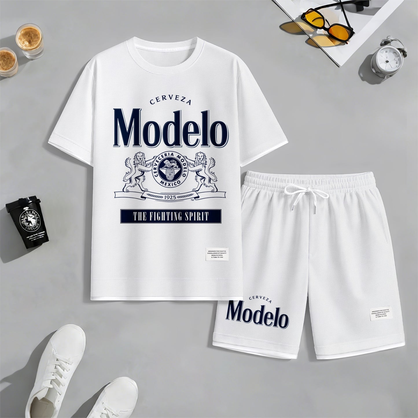 Men's Beer Print Drawstring Shorts Set, Suitable For Spring And Summer Wear, Casual Summer Set, Including Short-Sleeved Shirt And Shorts, Suitable For Everyday Wear And Sports 02