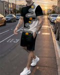 Men's Summer Colorblock Printed Round Neck Set 810