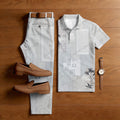 Men's Casual Light Gray Color Matching Geometric Printed Short Sleeved Polo Shirt & Trousers Two-Piece Set