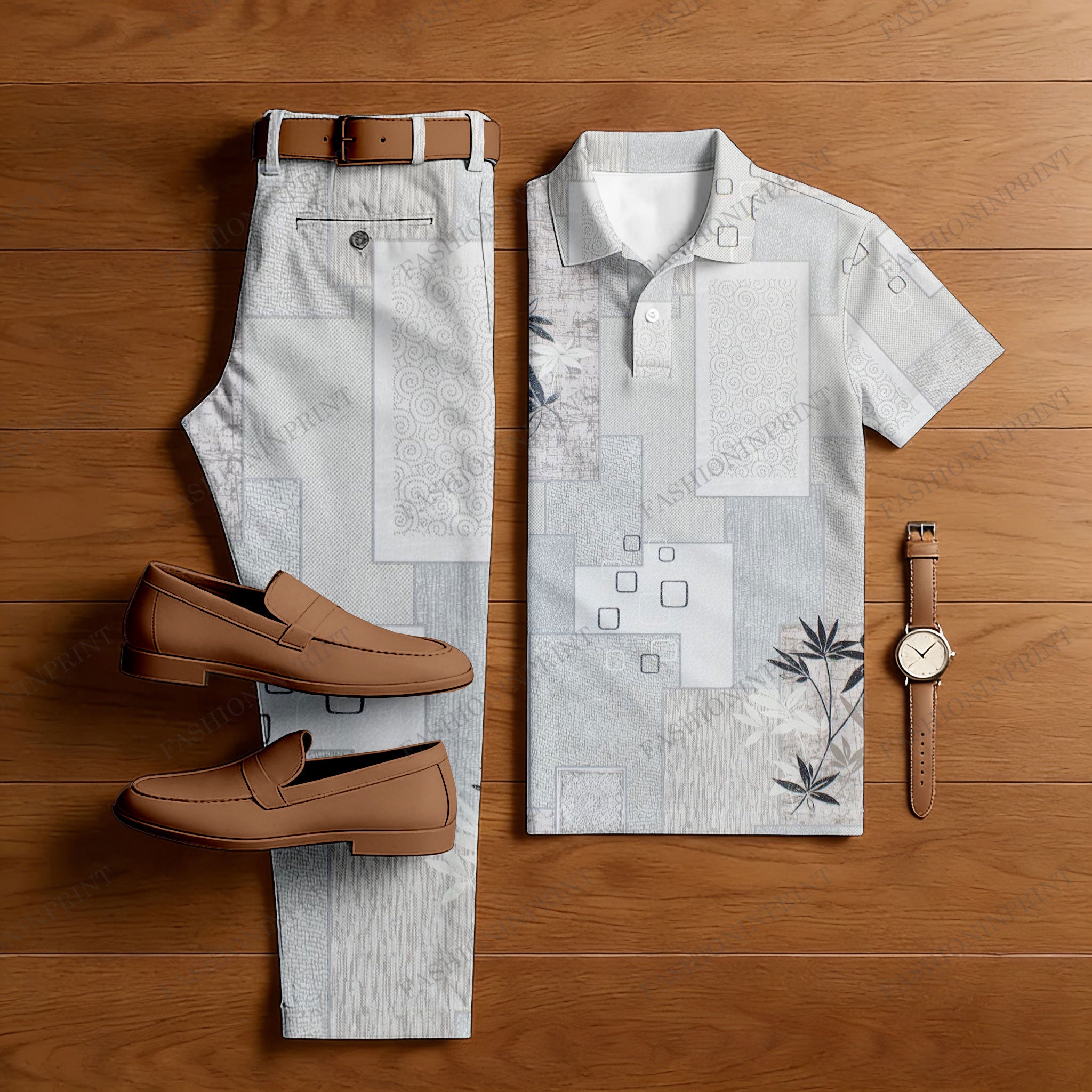 Men's Casual Light Gray Color Matching Geometric Printed Short Sleeved Polo Shirt & Trousers Two-Piece Set