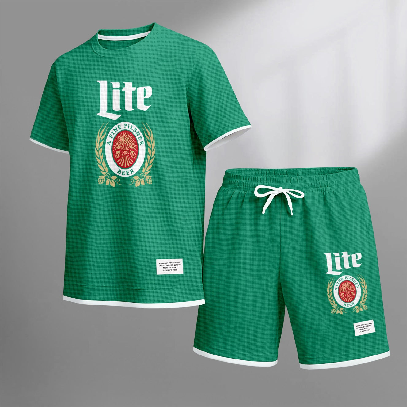 Men's Refreshing Beer Print Waffle Fabric Short-Sleeved Shirt And Shorts Set