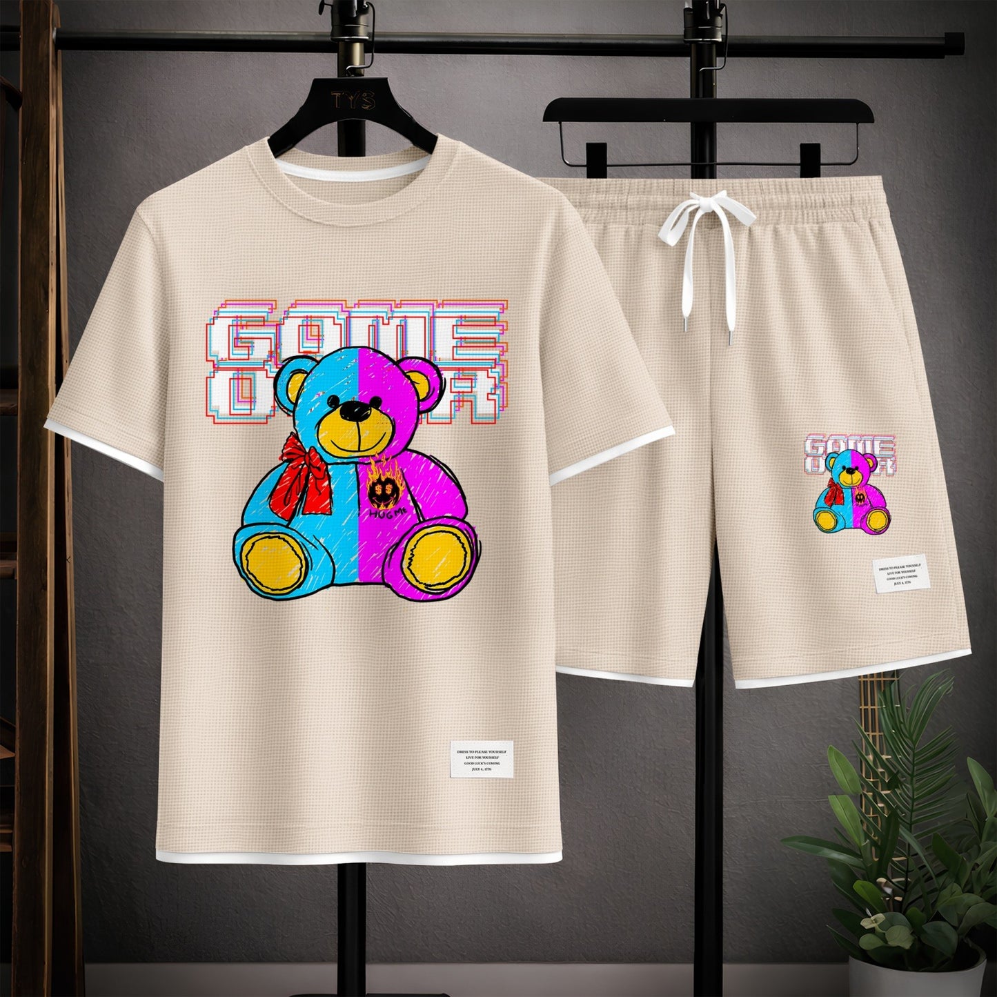 Men's Bear Graphic Print Short Sleeve Shirt and Drawstring Shorts Set, Casual Summer Two-Piece Outfit, Lightweight Breathable Relaxed Fit Athletic Set for Daily Wear, Beach, Vacation, Travel and Loungewear