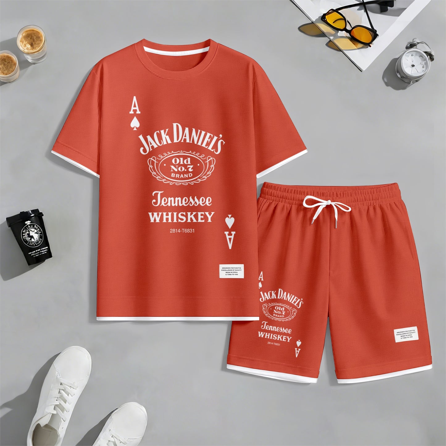 Men's Beer And Beverage Printed Drawstring Shorts Set, Suitable For Spring And Summer Wear, Casual Summer Set, Including Short-Sleeved Shirt And Shorts, Suitable For Everyday Wear And Sports 013