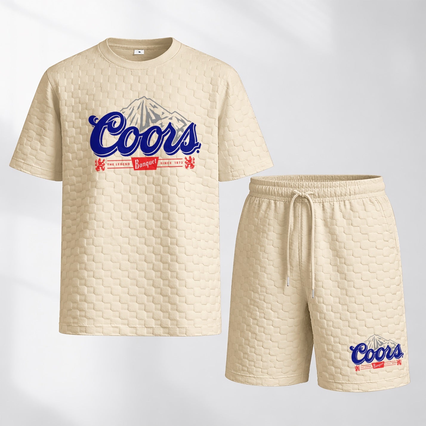 Men's Spring And Summer Vintage Beer Print With Red And Black Line Checkered Fabric Drawstring Shorts Set, Casual Summer Outfit With Short-Sleeved Shirt And Shorts, Ideal For Everyday Wear And Sports Activities