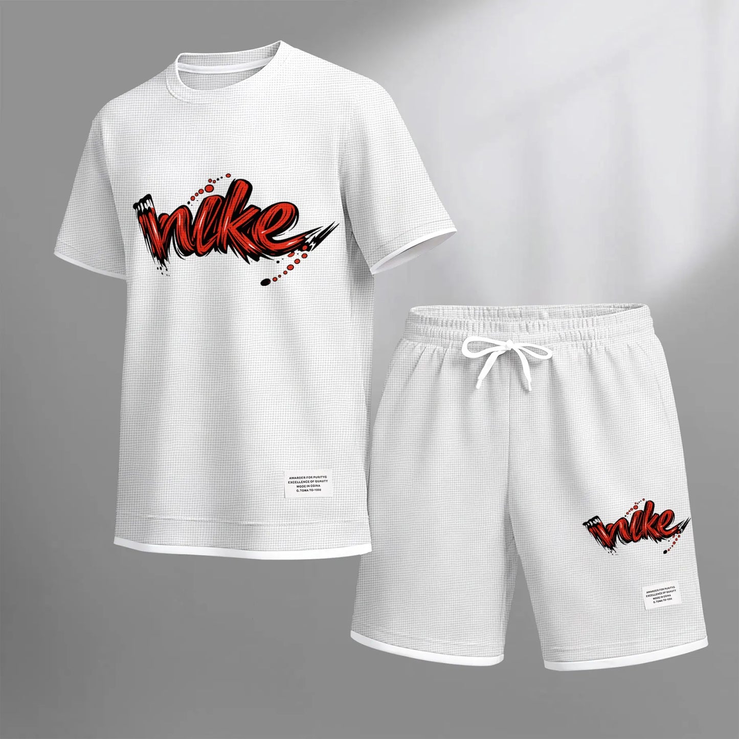 Men's Red Graffiti-Style Art Letter Print Fake Two-Piece Short Sleeve T-Shirt & Shorts Set, Summer Waffle Breathable Sporty Casual Two-Piece Outfit, Streetwear Gym Training Activewear