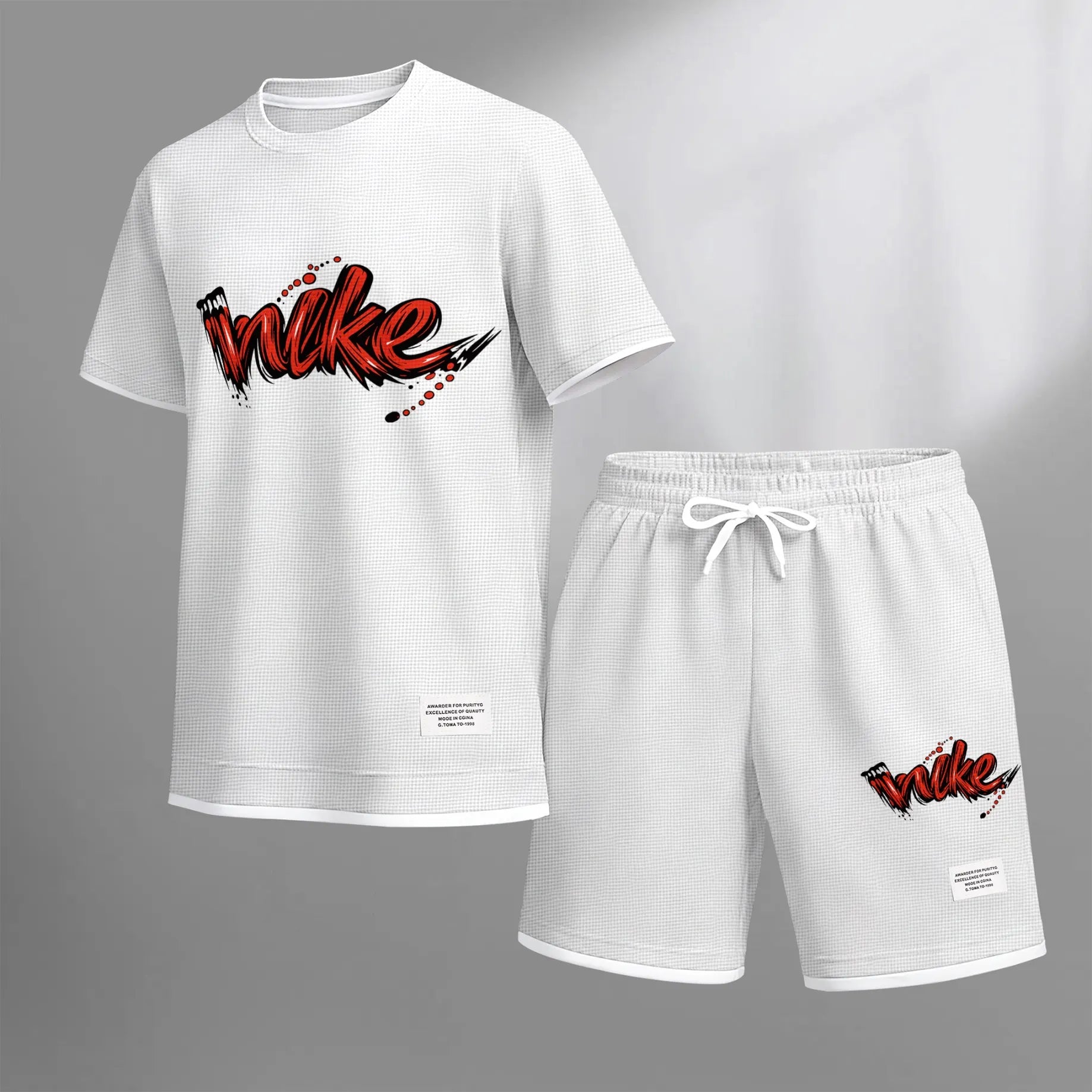 Men's Red Graffiti-Style Art Letter Print Fake Two-Piece Short Sleeve T-Shirt & Shorts Set, Summer Waffle Breathable Sporty Casual Two-Piece Outfit, Streetwear Gym Training Activewear