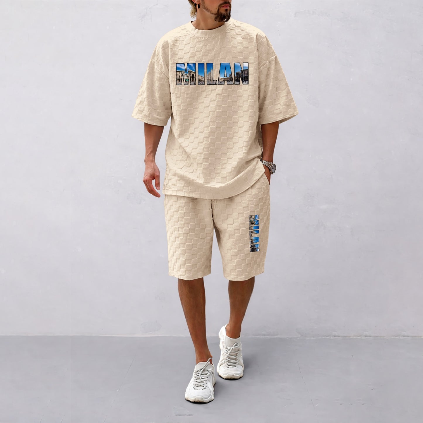 Men's Spring and Summer Milan Letter Print Checkered Fabric Drawstring Shorts Set, Casual Summer Outfit with Short-Sleeved Shirt and Shorts, Ideal for Everyday Wear and Sports Activities