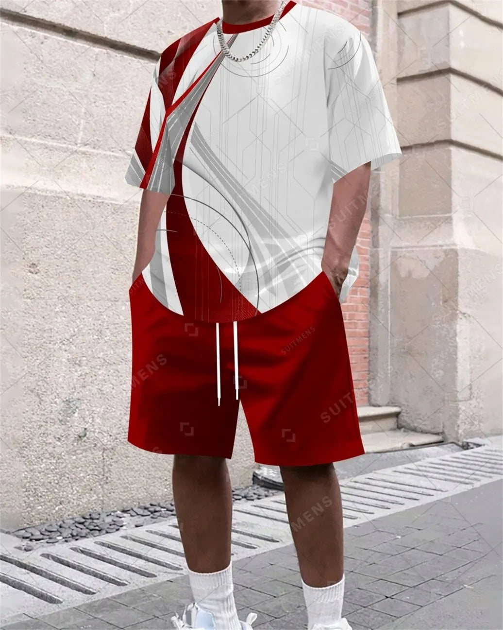 Men's Summer Gradient Print Round Neck Set 368