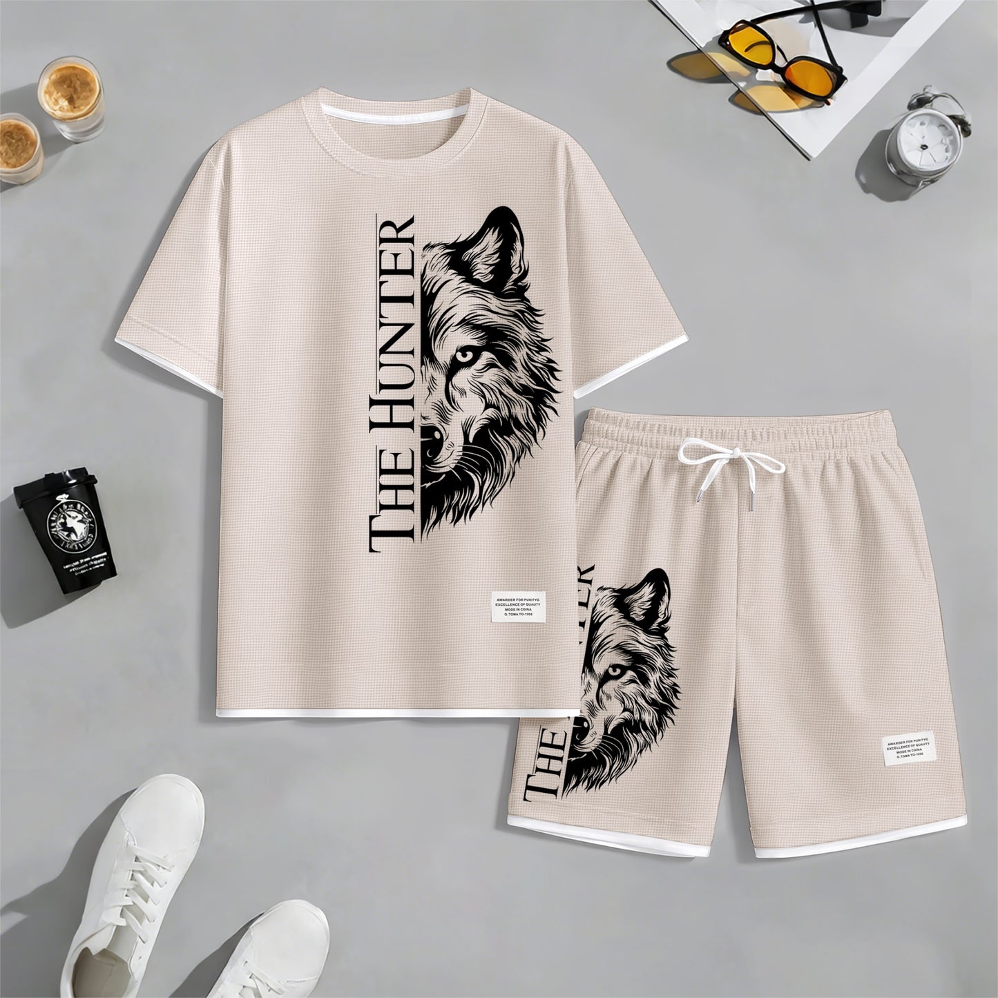 Men's "The Hunter" Wolf Head Graphic Print Waffle Short Sleeve T-Shirt & Shorts Set, Summer Lightweight Casual Sporty Two-Piece Outfit, Streetwear for Gym & Daily Wear