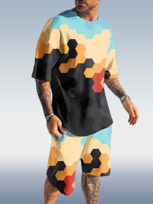 Suitmens Men's Fashion Colorblock Print Shorts Set 018