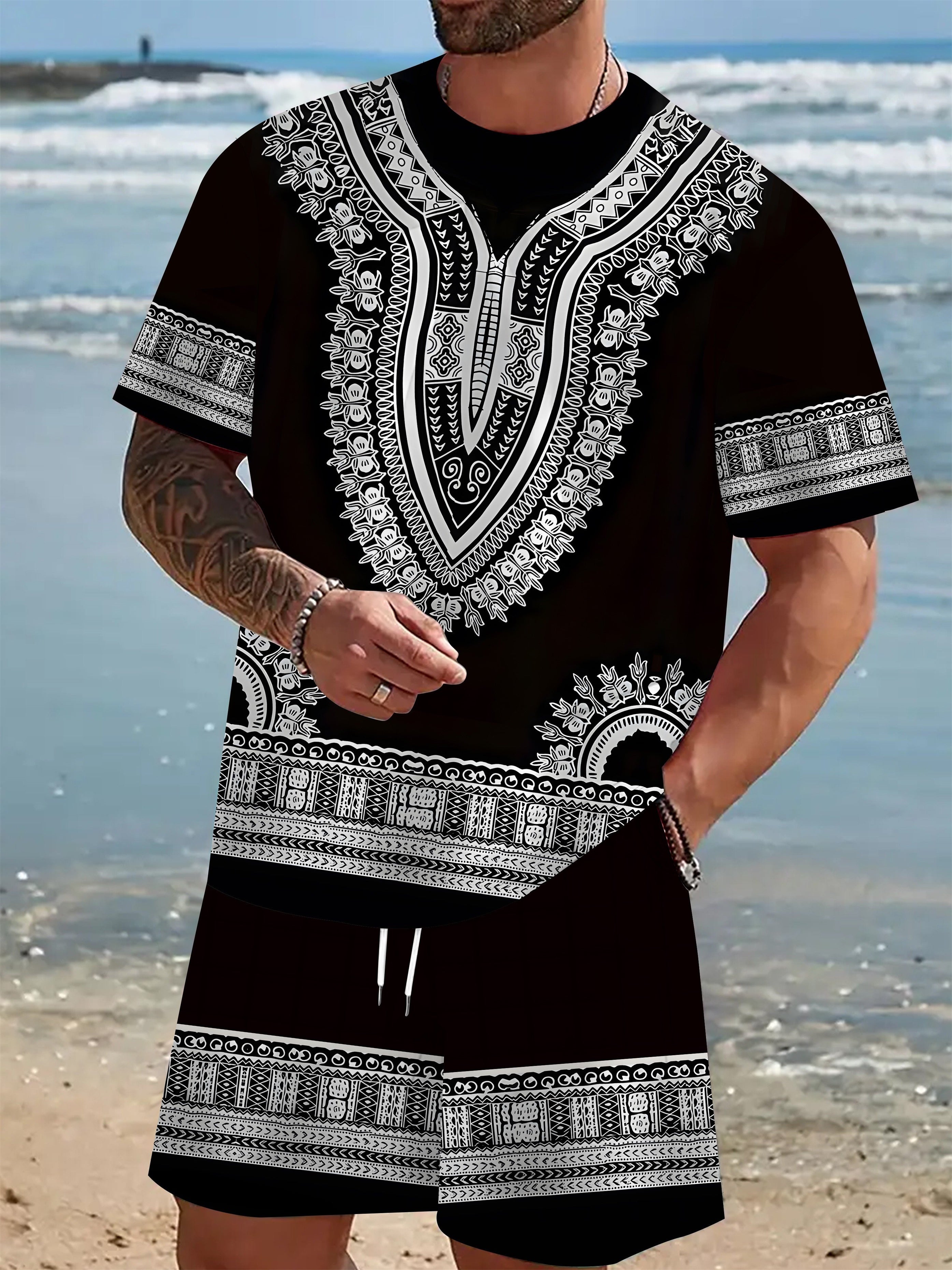 Men's Summer Retro Ethnic Print Round Neck Set 273