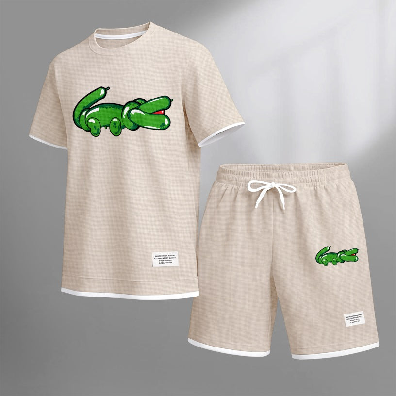 Men's Balloon Crocodile Print Waffle Fabric Short-Sleeved Shirt And Shorts Set