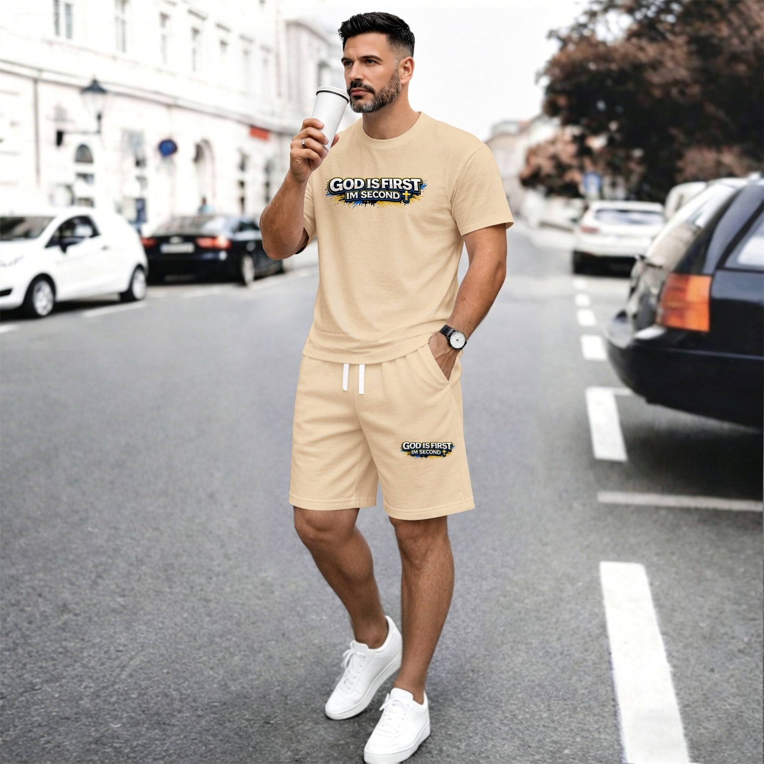 Men’s Christian Summer 2 Piece Set, God Is First I’m Second Graphic Short Sleeve T Shirt and Drawstring Shorts Matching Outfit, Lightweight Breathable Casual Set for Beach, Vacation, Gym, Travel, and Daily Wear