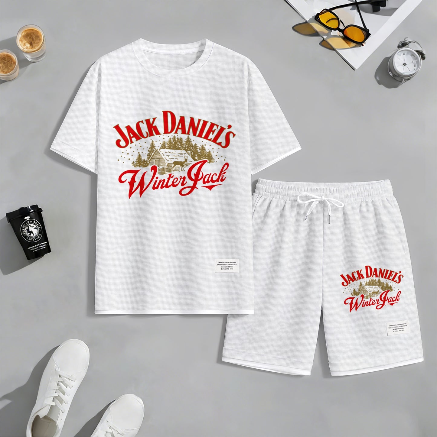 Men's Beer And Beverage Printed Drawstring Shorts Set, Suitable For Spring And Summer Wear, Casual Summer Set, Including Short-Sleeved Shirt And Shorts, Suitable For Everyday Wear And Sports 08