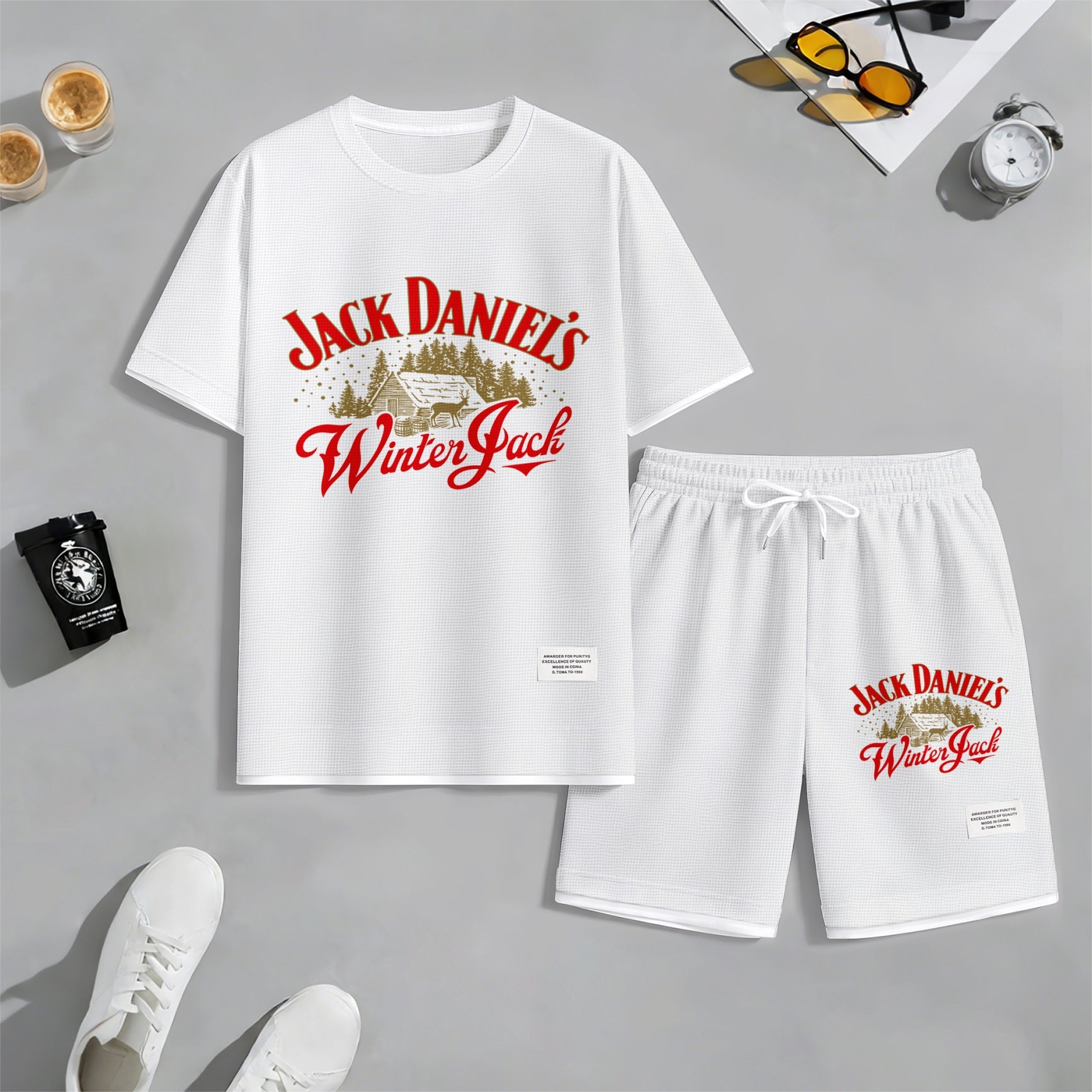Men's Beer And Beverage Printed Drawstring Shorts Set, Suitable For Spring And Summer Wear, Casual Summer Set, Including Short-Sleeved Shirt And Shorts, Suitable For Everyday Wear And Sports 08