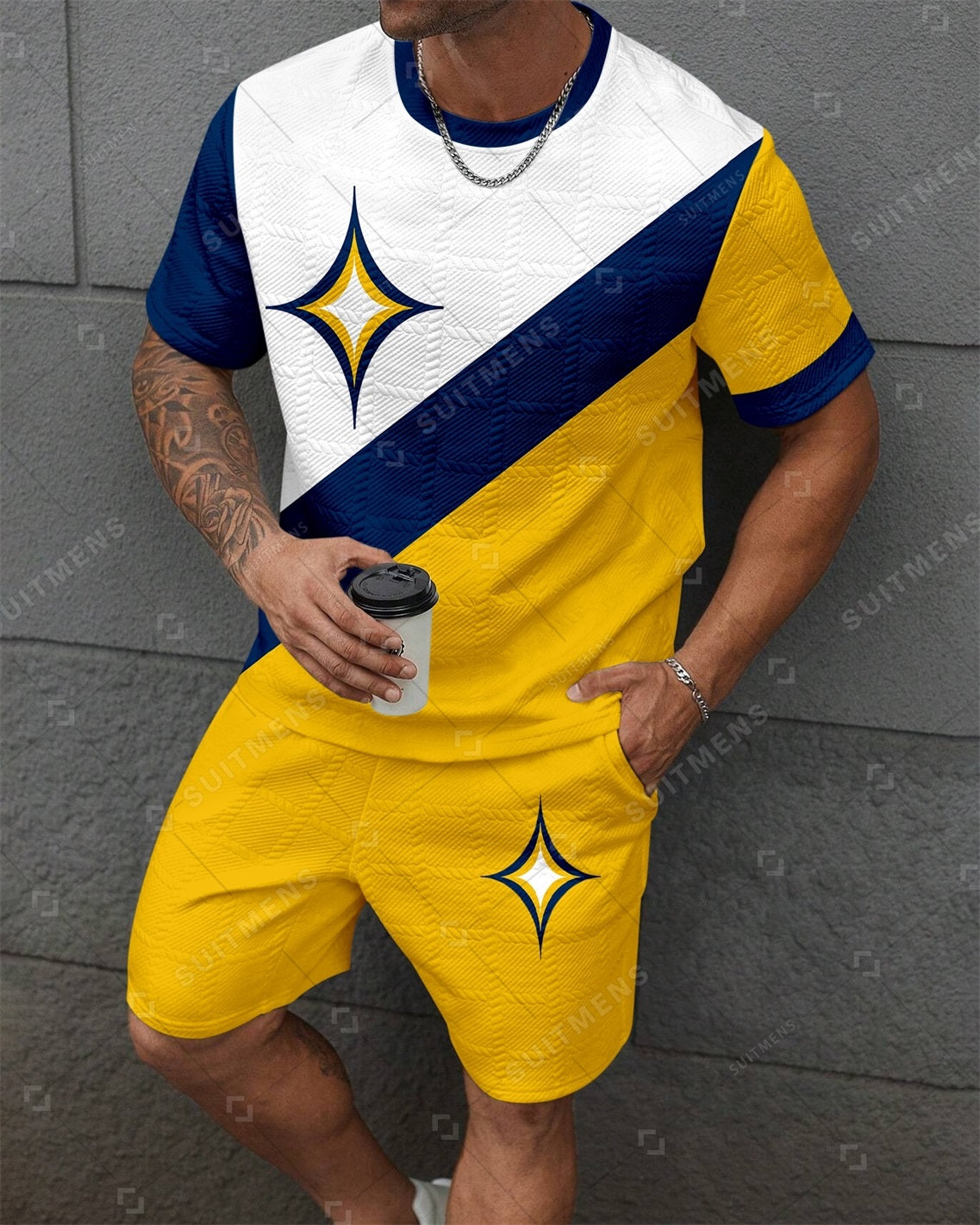 Men's Jacquard Textured Color Block Printed Short Sleeve Shorts Set 001