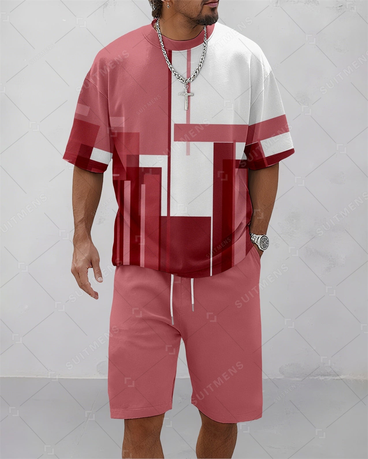 Men's Summer Colorblock Printed Round Neck Suit 085