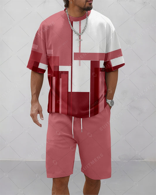Men's Summer Colorblock Printed Round Neck Suit 085