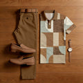 Men's Casual Brown & Khaki Green Color Matching Geometric Printed Short Sleeved Polo Shirt & Trousers Two-Piece Set
