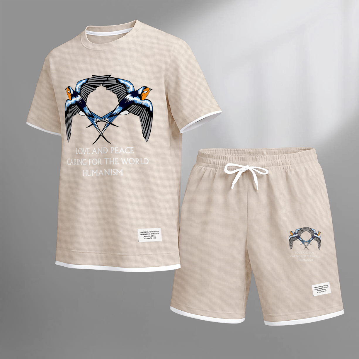 Men's Casual Style Peace Dove Print Waffle Fabric Short-Sleeved Shirt And Shorts Set