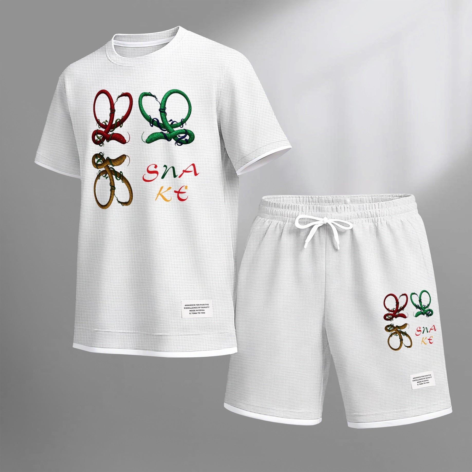 Men's Colorful Snake Shaped Letter Graphic Print Waffle Short Sleeve T-Shirt & Shorts Set, Summer Lightweight Casual Sporty Two-Piece Outfit, Streetwear for Gym & Daily Wear