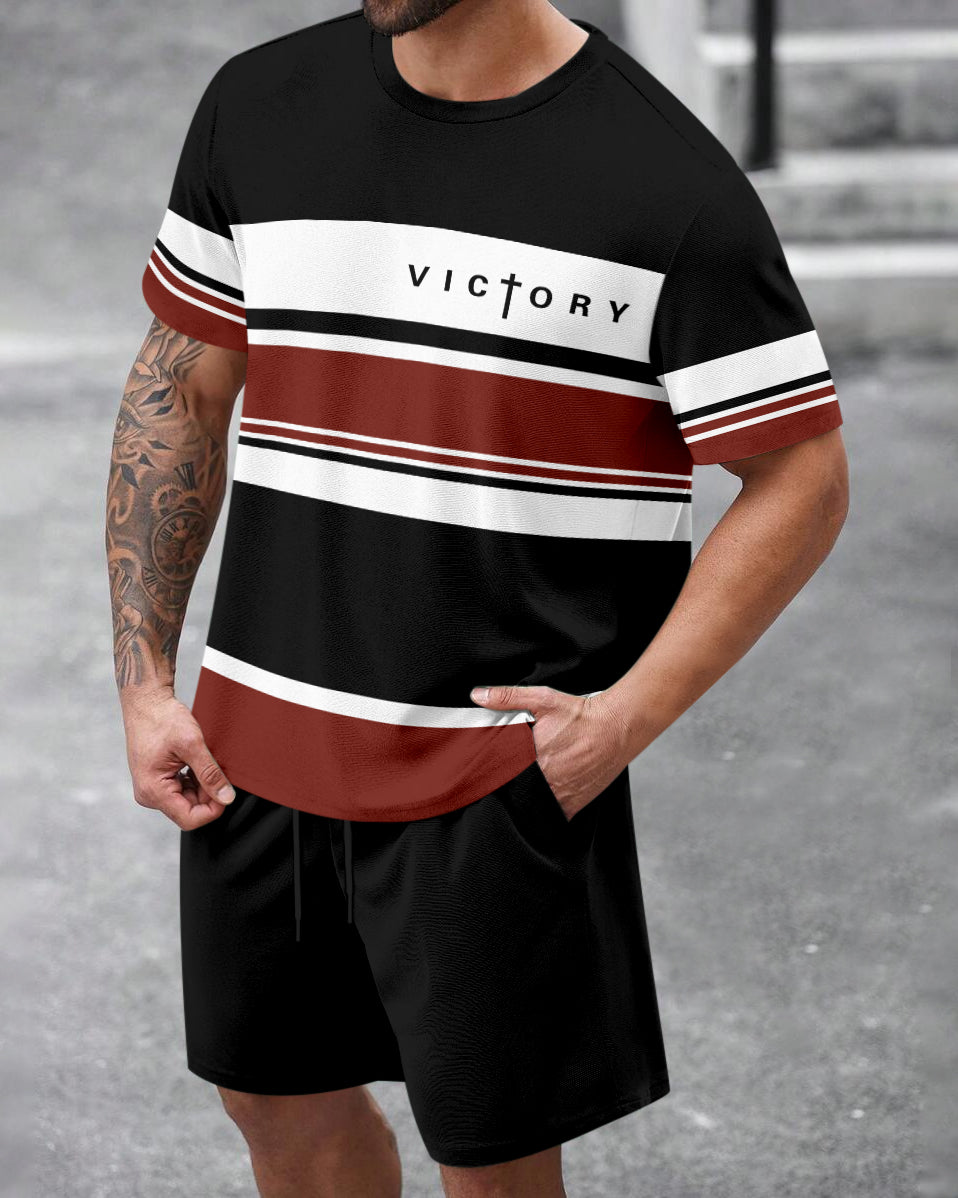 Men's Summer Colorblock Printed Round Neck Set 468