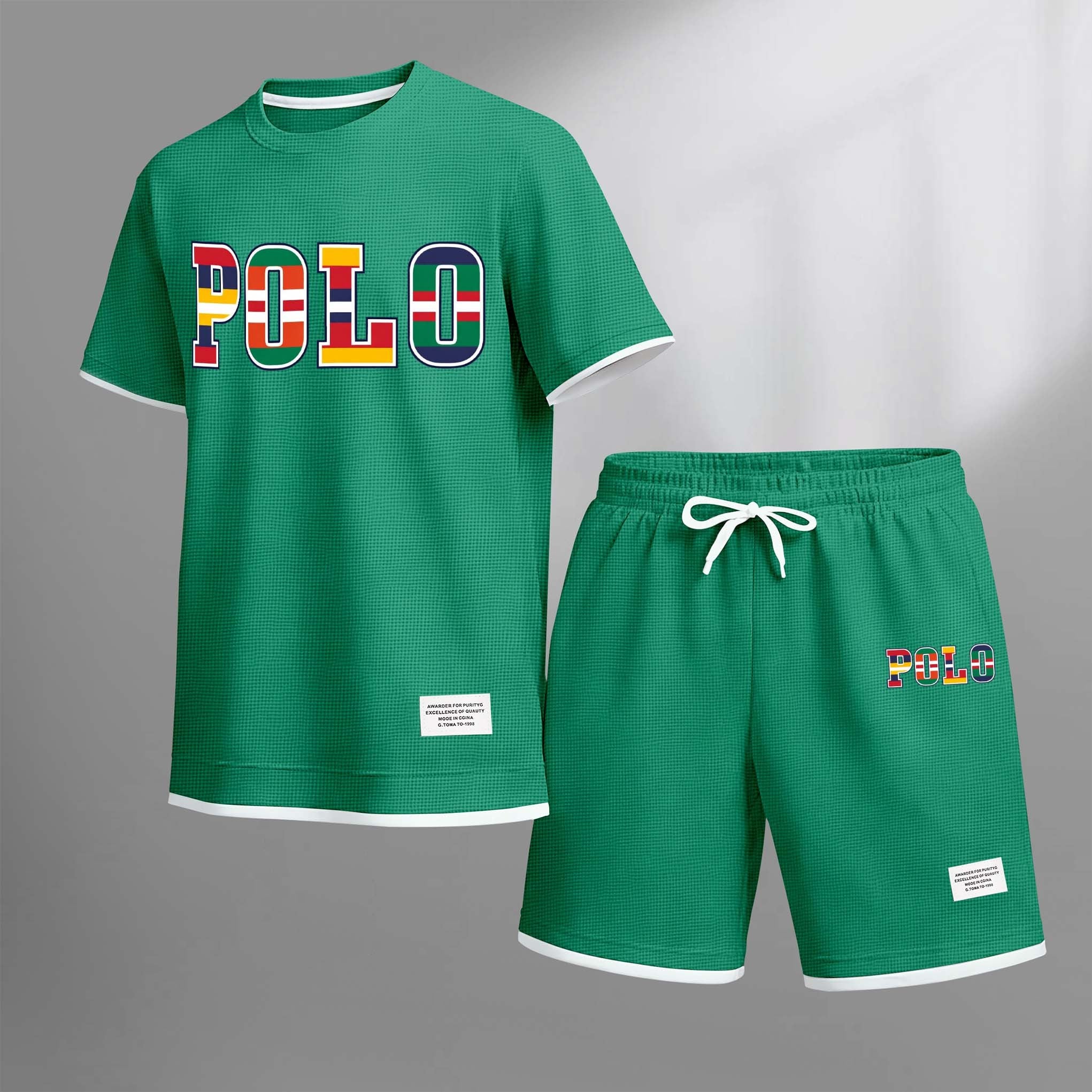 Men's Polo Print Drawstring Shorts Set For Spring/Summer. A Casual Summer Outfit, Including A Short-Sleeved Shirt And Shorts, Suitable For Everyday Wear And Sports. A Two-Piece Set For A Relaxed And Energetic Lifestyle.