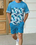Men's Summer Colorblock Printed Round Neck Set 414