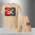 Men’s Summer 2 Piece Set, Basketball 23 Letter Print Short Sleeve T Shirt and Drawstring Shorts Matching Outfit, Lightweight Breathable Casual Set for Travel, Streetwear, Beach, Vacation, and Daily Wear