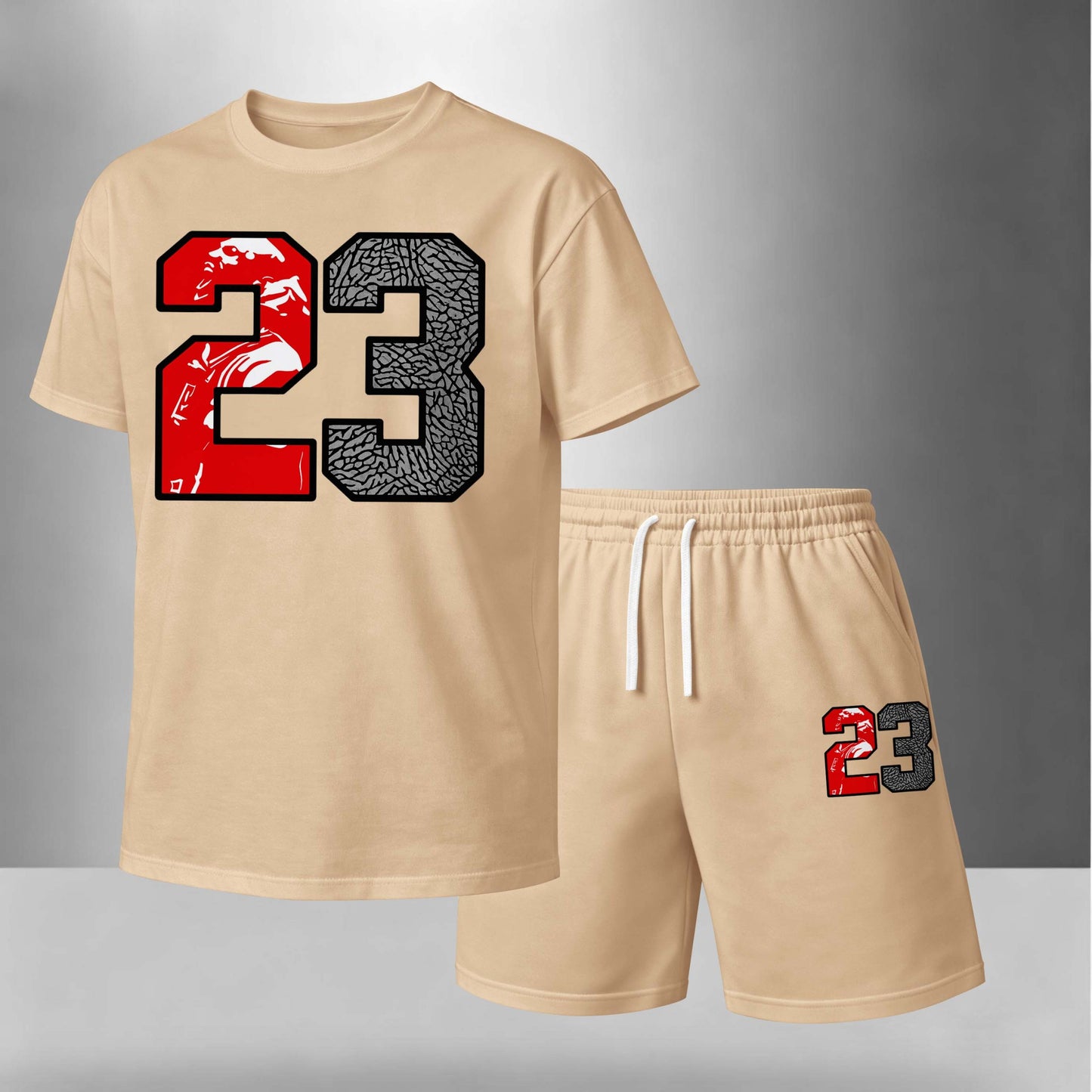 Men’s Summer 2 Piece Set, Basketball 23 Letter Print Short Sleeve T Shirt and Drawstring Shorts Matching Outfit, Lightweight Breathable Casual Set for Travel, Streetwear, Beach, Vacation, and Daily Wear