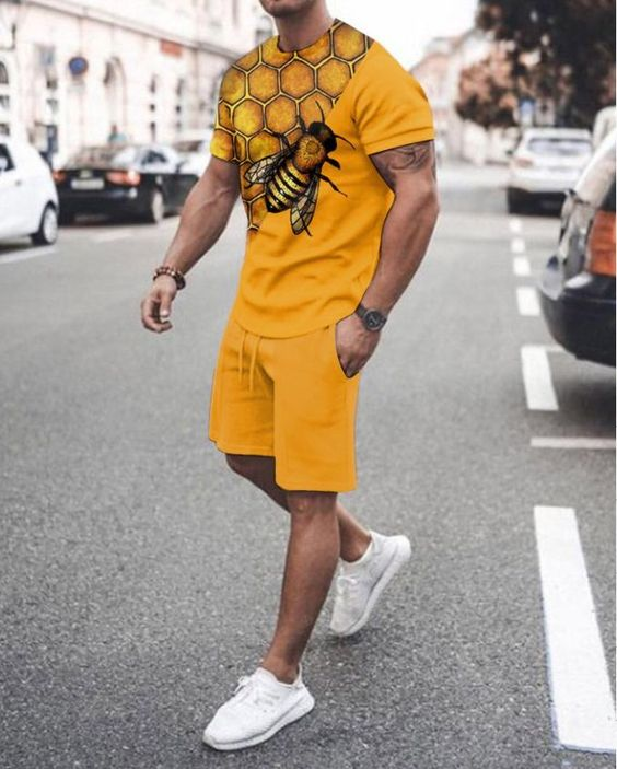 Suitmens Men's Yellow Bee Print Shorts Suit