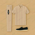 Men's Casual Khaki & Burundy Color Matching Striped Printed Short Sleeved Henry Collar T-Shirt & Trousers Two-Piece Set