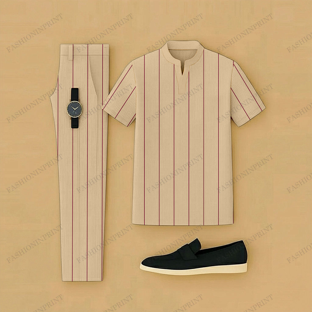 Men's Casual Khaki & Burundy Color Matching Striped Printed Short Sleeved Henry Collar T-Shirt & Trousers Two-Piece Set