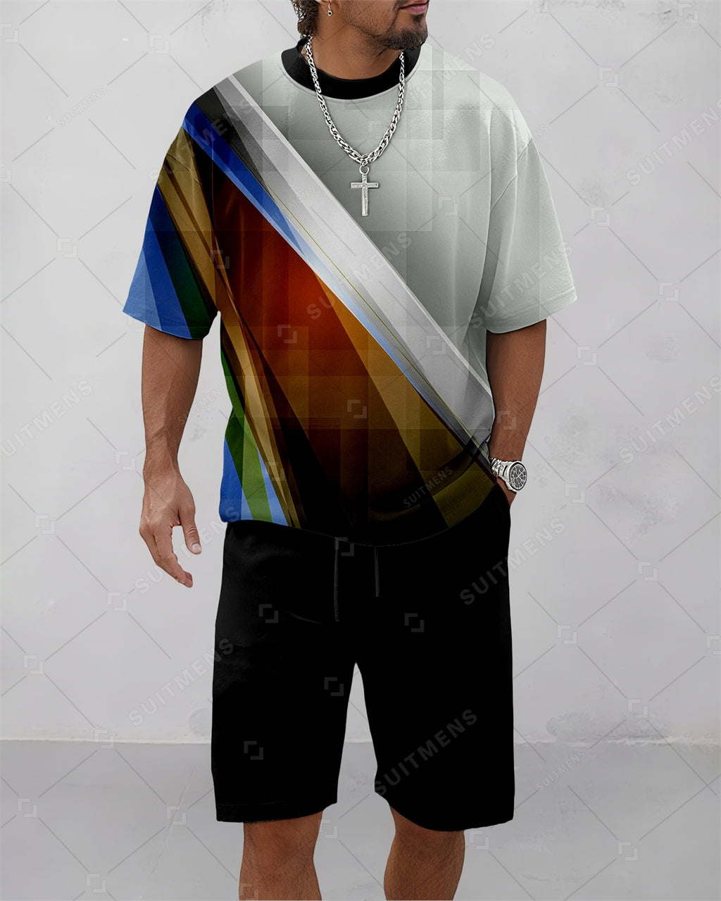 Men's Summer Colorblock Printed Round Neck Suit 087