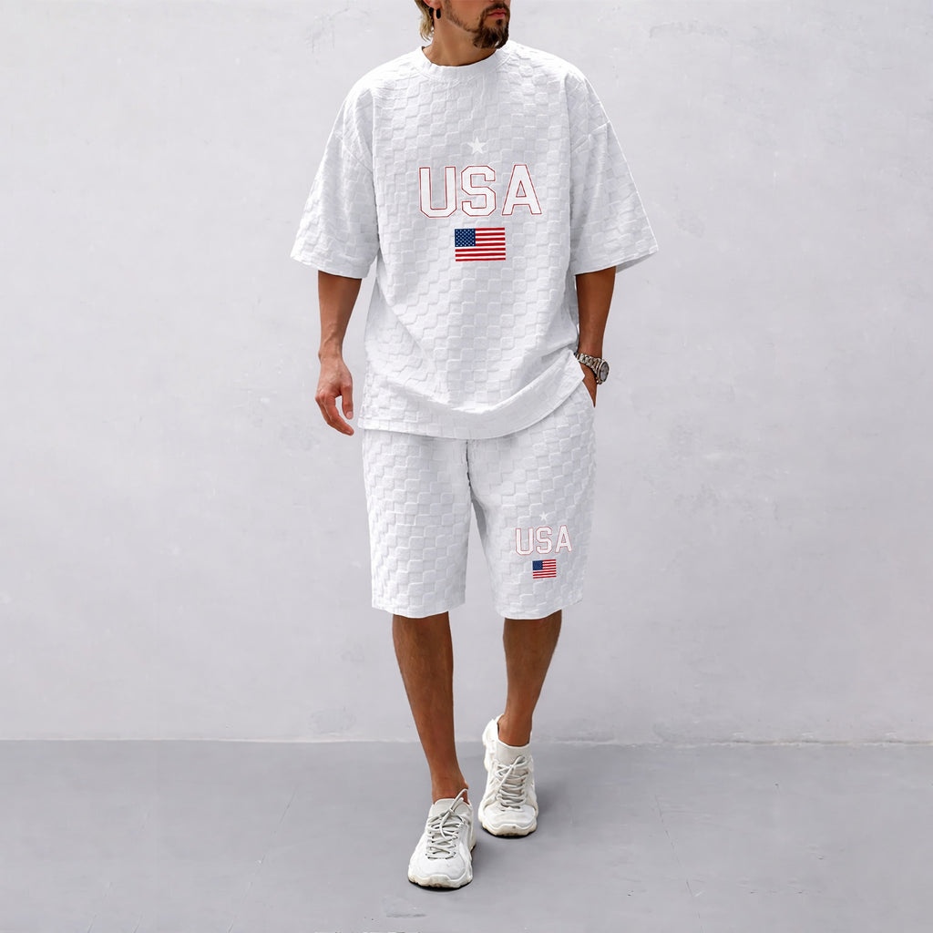 Men's Spring and Summer USA Letter Print with Flag Checkered Fabric Drawstring Shorts Set, Casual Summer Outfit with Short-Sleeved Shirt and Shorts, Ideal for Everyday Wear and Sports Activities