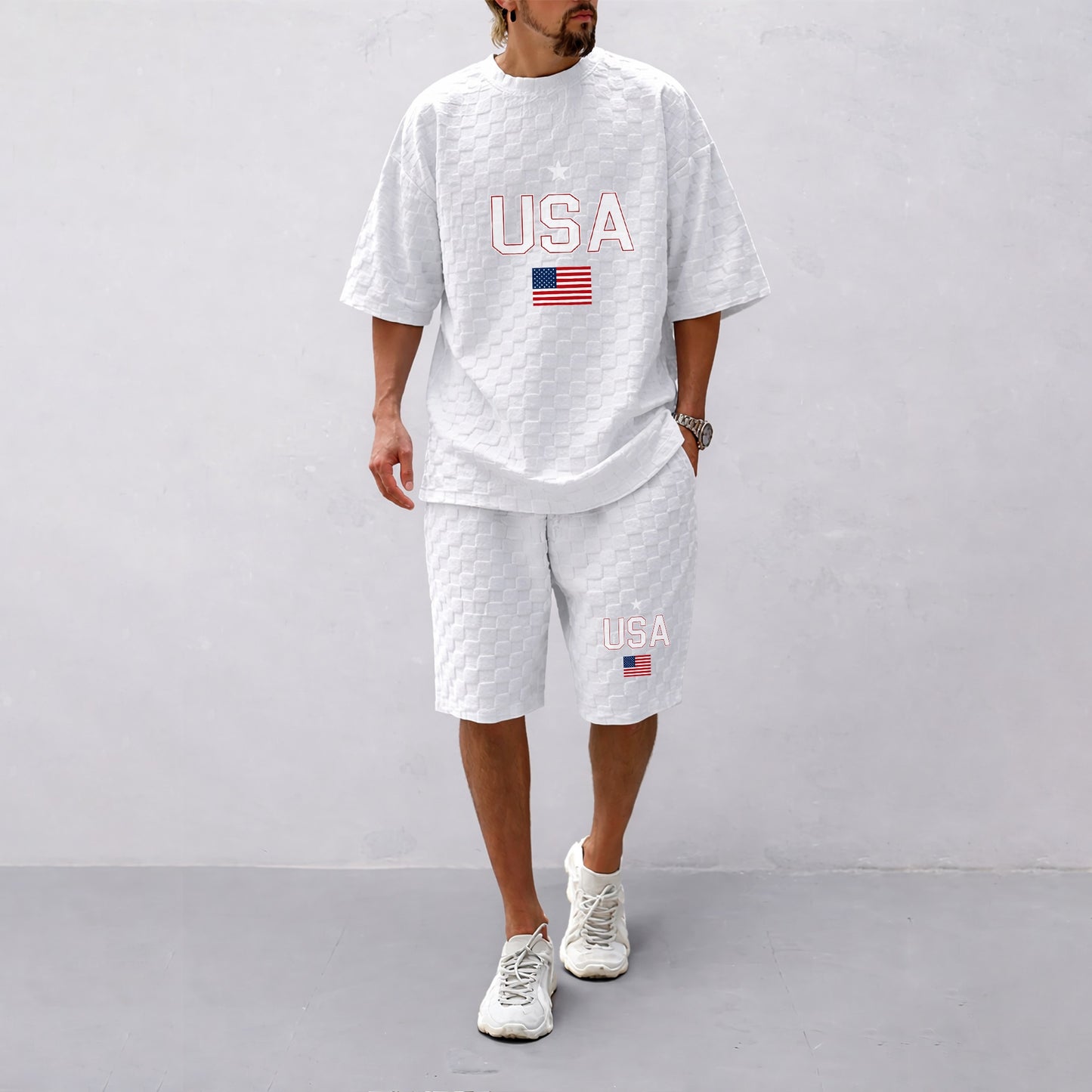 Men's Spring and Summer USA Letter Print with Flag Checkered Fabric Drawstring Shorts Set, Casual Summer Outfit with Short-Sleeved Shirt and Shorts, Ideal for Everyday Wear and Sports Activities