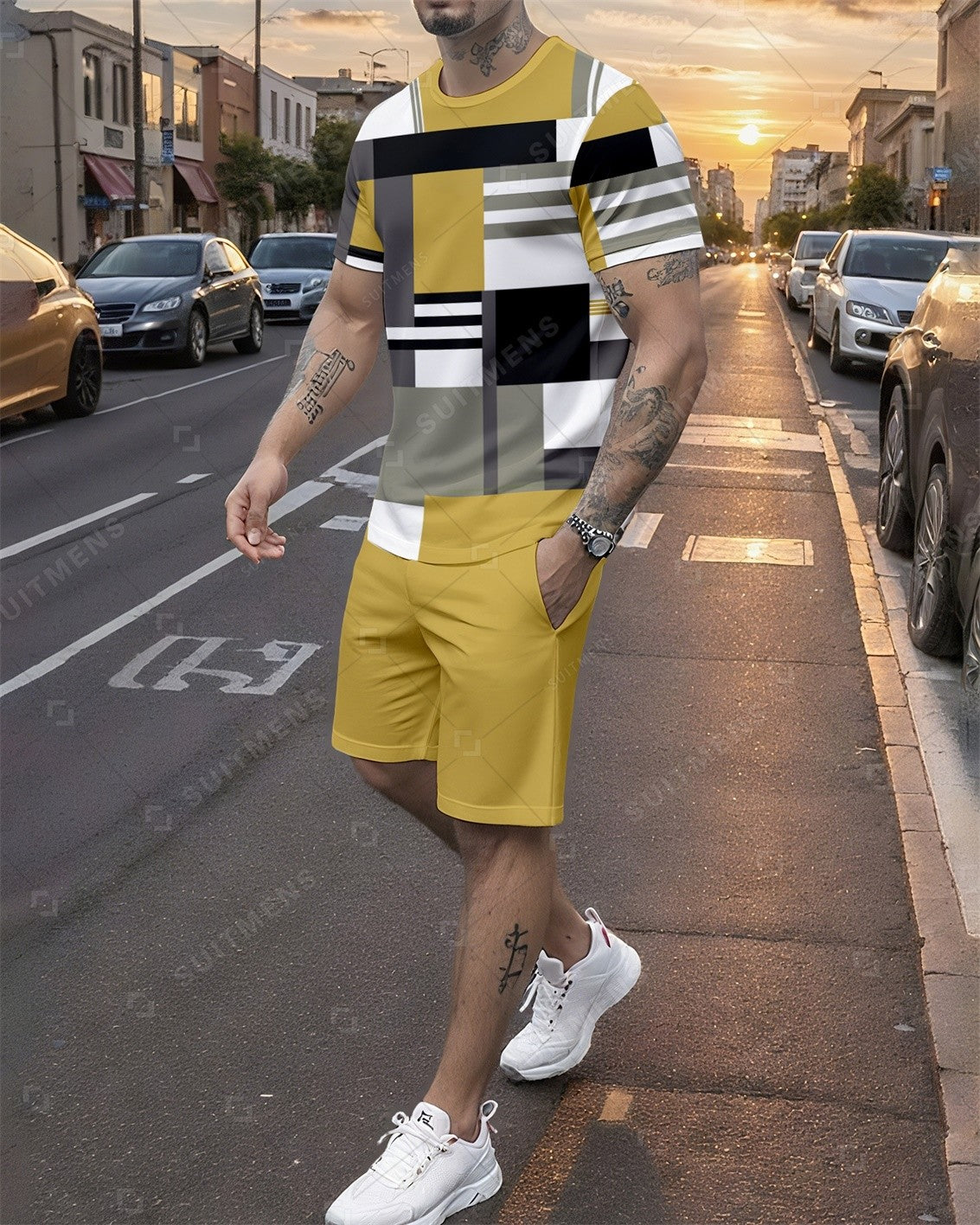 Men's Summer Colorblock Printed Round Neck Set 754