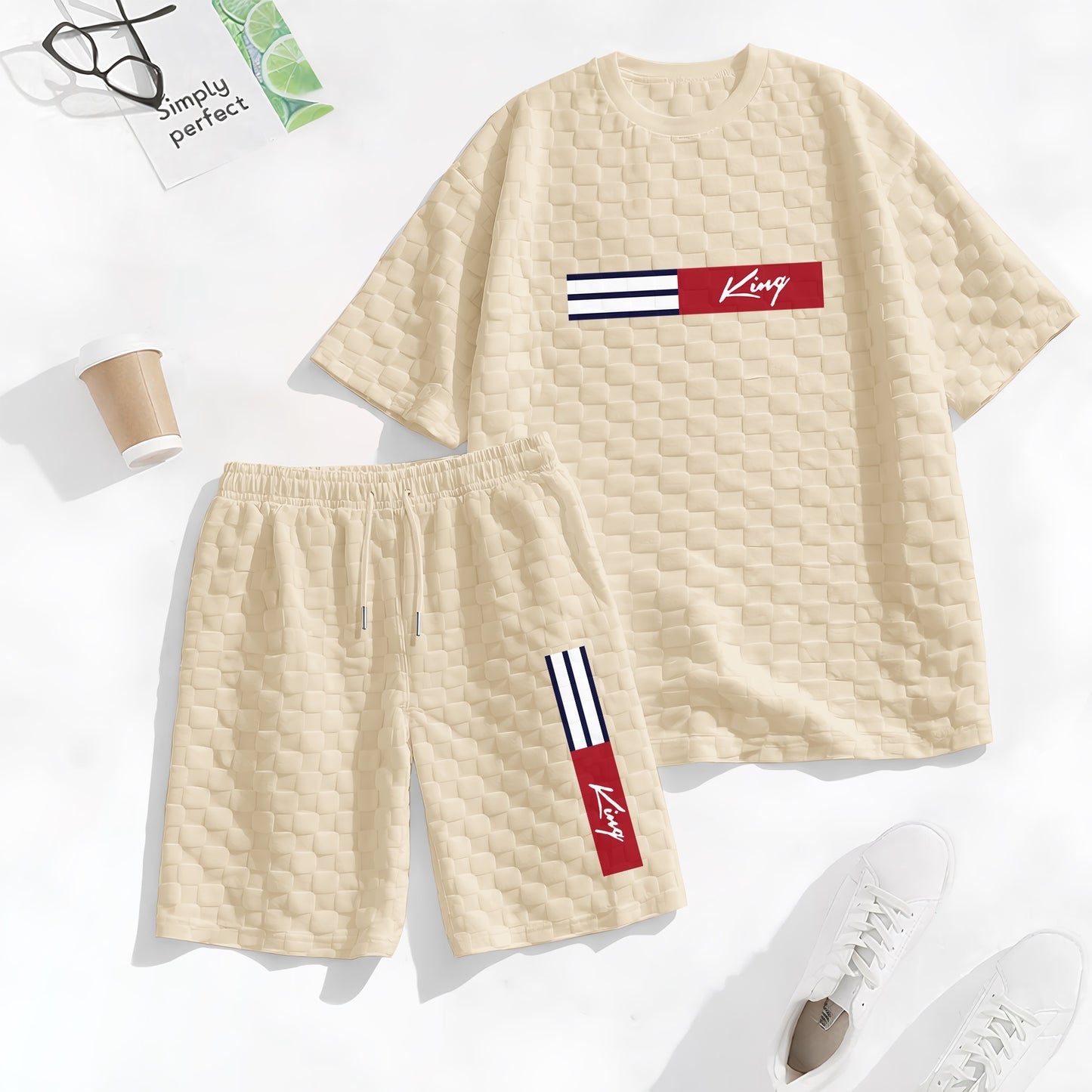 Men's Spring and Summer 'King' Letter Print Checkered Fabric Drawstring Shorts Set, Casual Summer Outfit with Short-Sleeved Shirt and Shorts, Ideal for Everyday Wear and Sports Activities