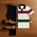 Men's Casual Black & Beige Color Matching Retro Printed Short Sleeved Polo Shirt & Trousers Two-Piece Set 199545