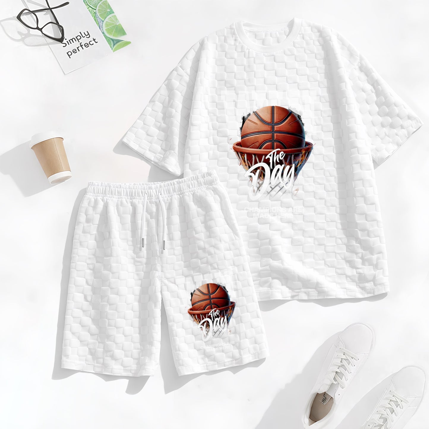 Men's Basketball Graphic Print Spring And Summer Drawstring Shorts Set, A Casual Summer Outfit, Including A Short-Sleeved Shirt And Shorts, Suitable For Everyday Wear And Sports Activities.