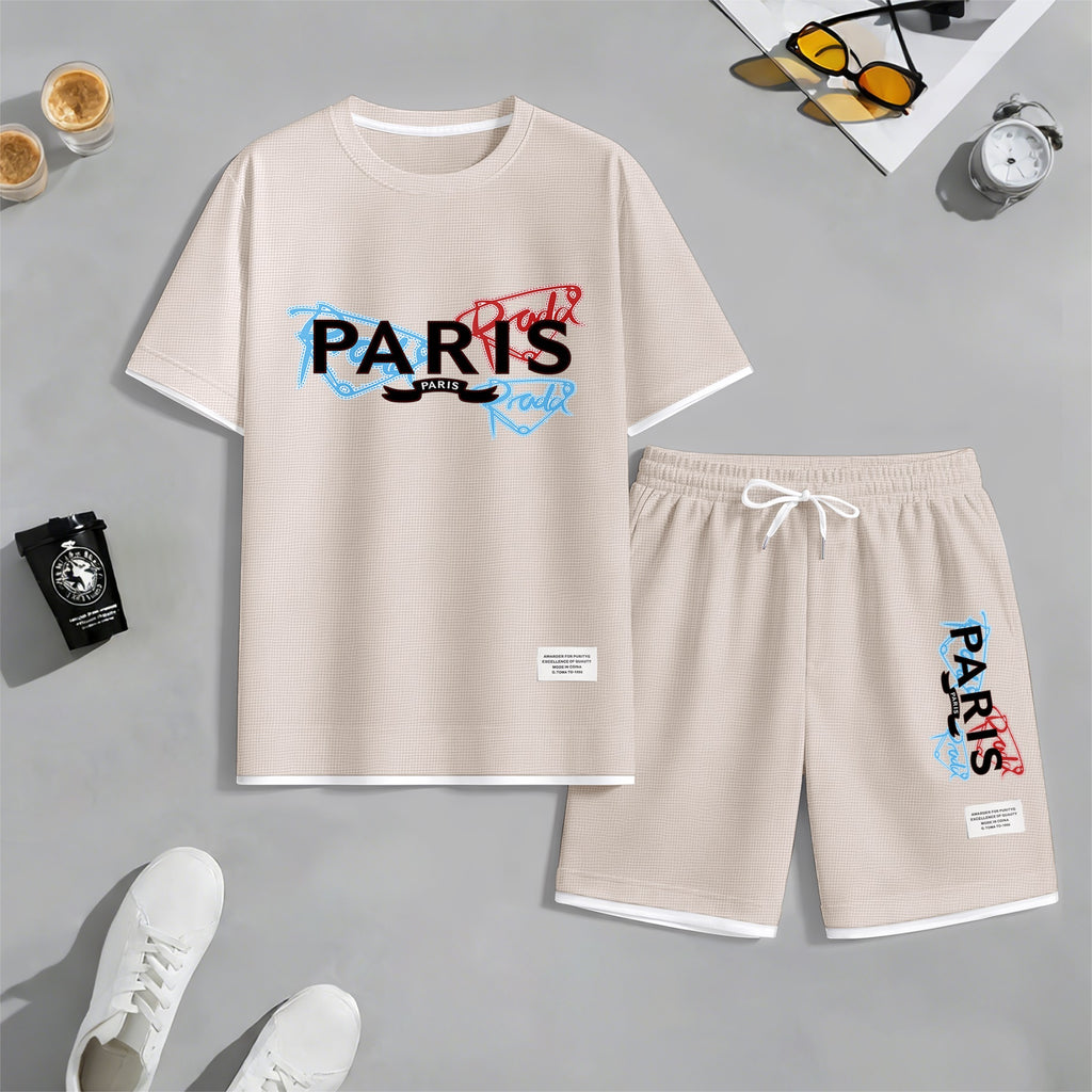 Men's PARIS Red & Blue Graffiti Letter Print Short Sleeve T-Shirt & Shorts Set, Summer Lightweight Waffle Sporty Casual Two-Piece Outfit, Streetwear for Gym & Daily Wear